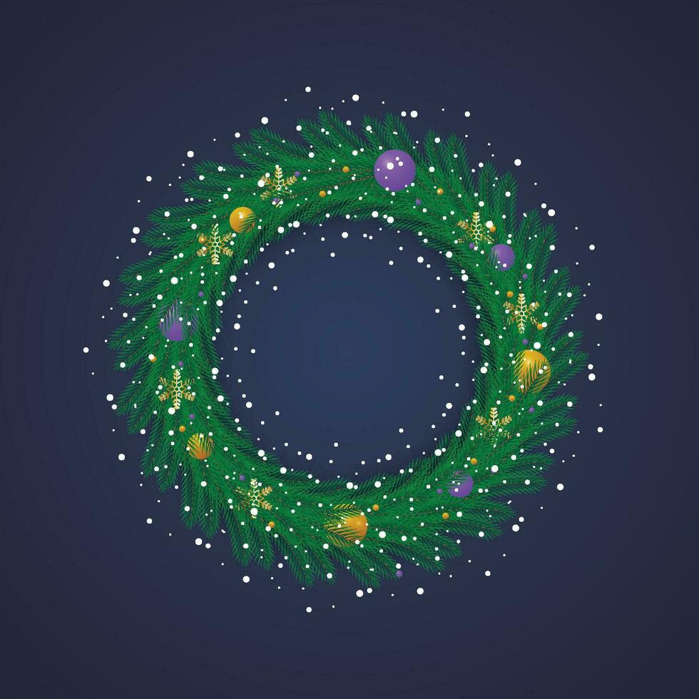 Realistic Christmas green wreath with blue and golden balls with snow and snowflake. vector