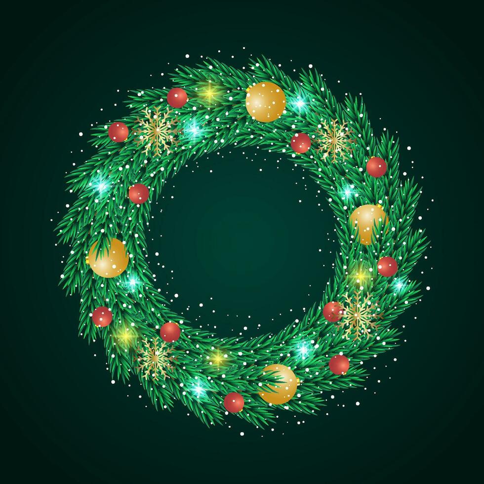 Merry Christmas black background with wreath and green leaves and red balls with snow vector