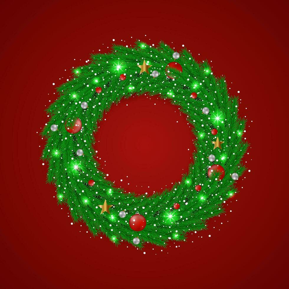 Christmas green wreath with white and red balls with Snow and light with golden stars. vector