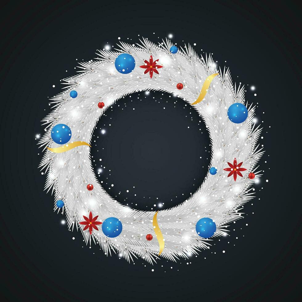 Christmas white wreath with balls and ribbon with red flowers and Snow with light. vector