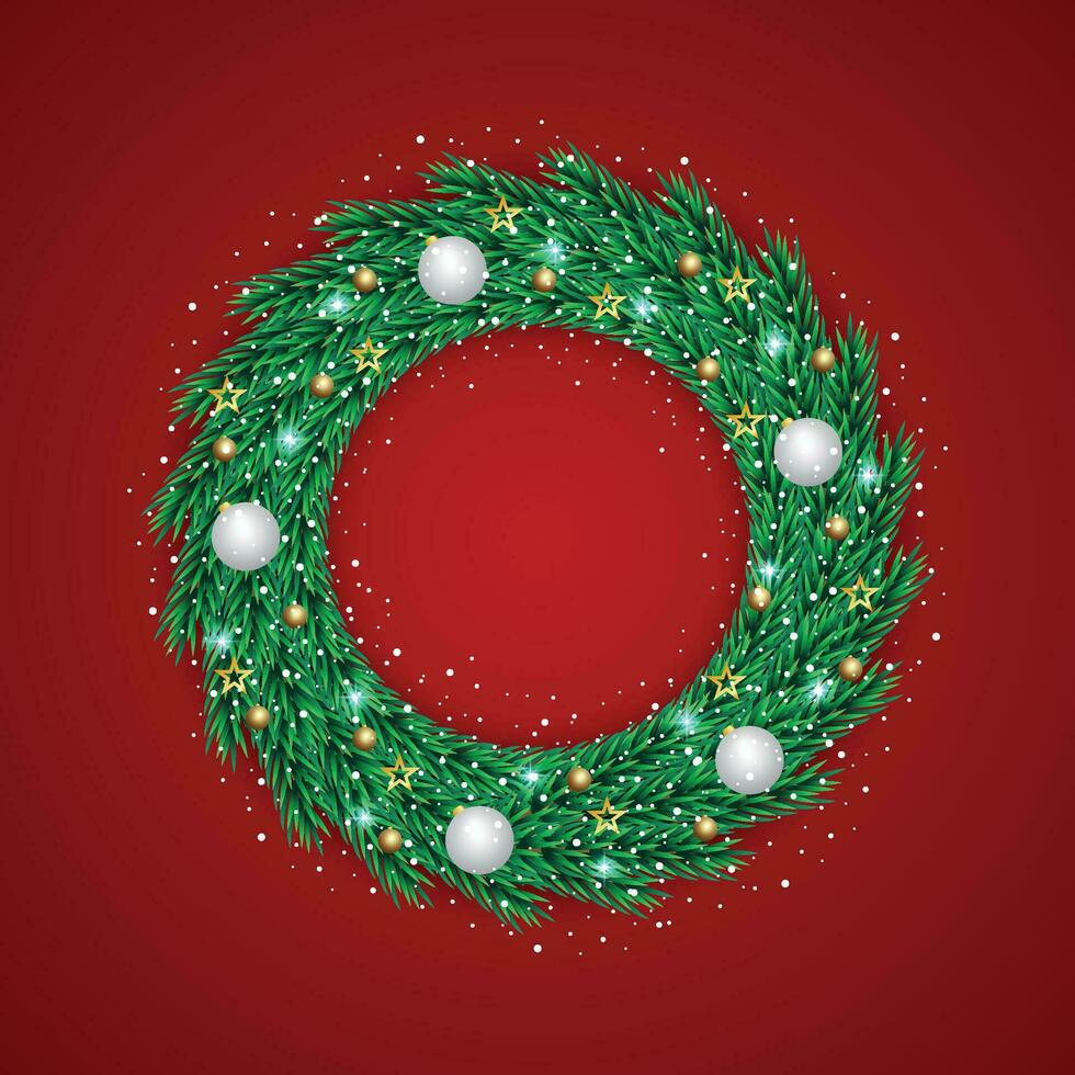 Realistic Christmas wreath with golden ball with golden stars and lights vector