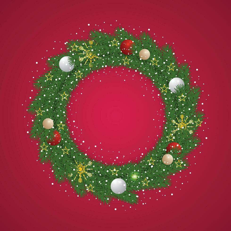 Realistic Christmas green wreath with red and white golden balls and snow with snowflakes and golden lights with candies and golden stars. vector