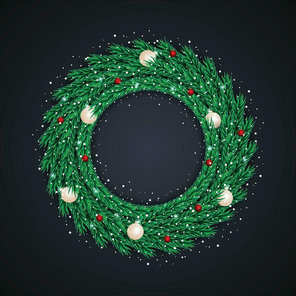 Realistic Christmas wreath with blue ball with snows with balck background vector