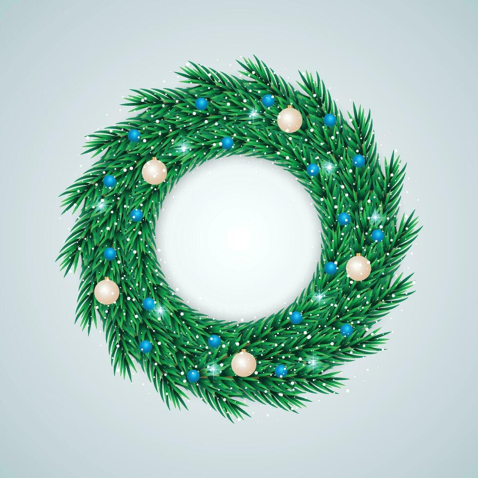 Realistic Christmas wreath with brawn ball with snow and lights with white background vector