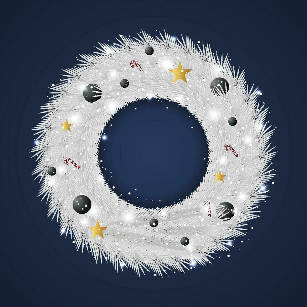 Christmas white wreath with black balls and stars with candy and Snow with light. vector