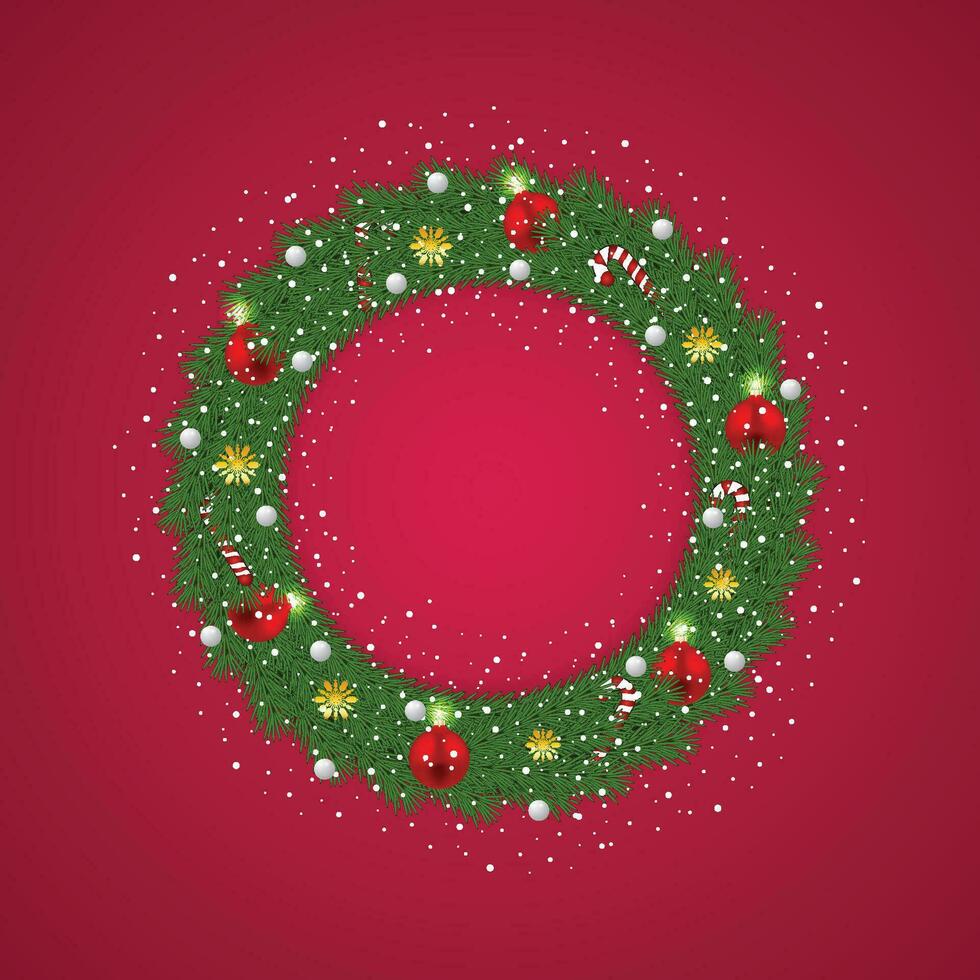 Realistic Christmas green wreath with red and white balls and snow with snowflakes and golden lights with candies. vector