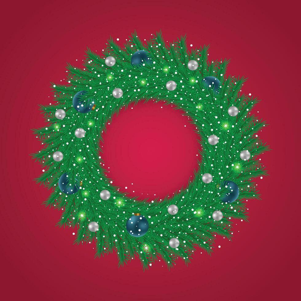 Christmas green wreath with blue and white balls with Snow and light. vector
