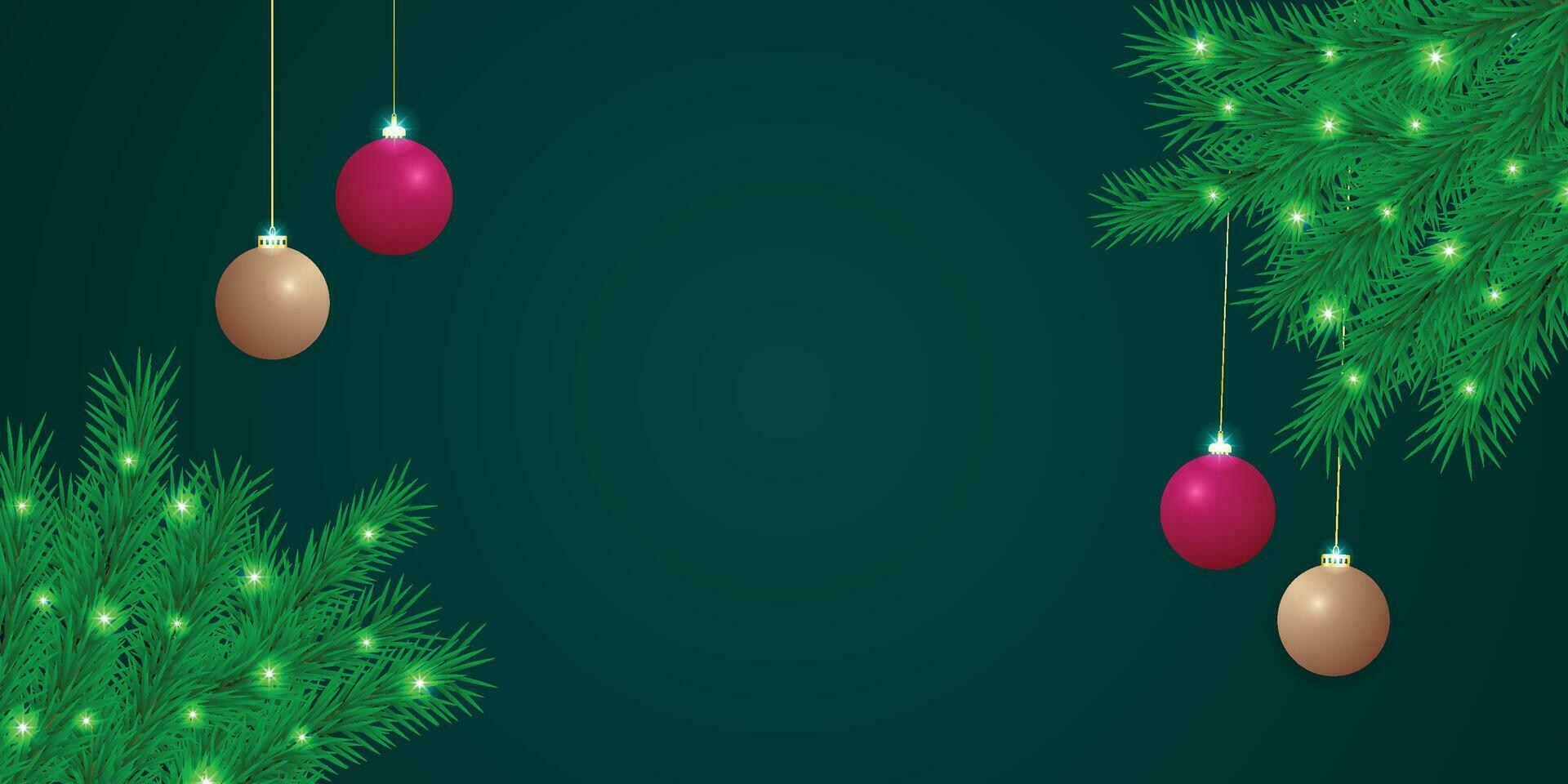 Realistic Christmas green leaf banner with golden and red balls with lights. vector