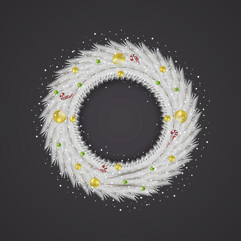 Christmas white wreath with golden balls and Snow with light and candy. vector