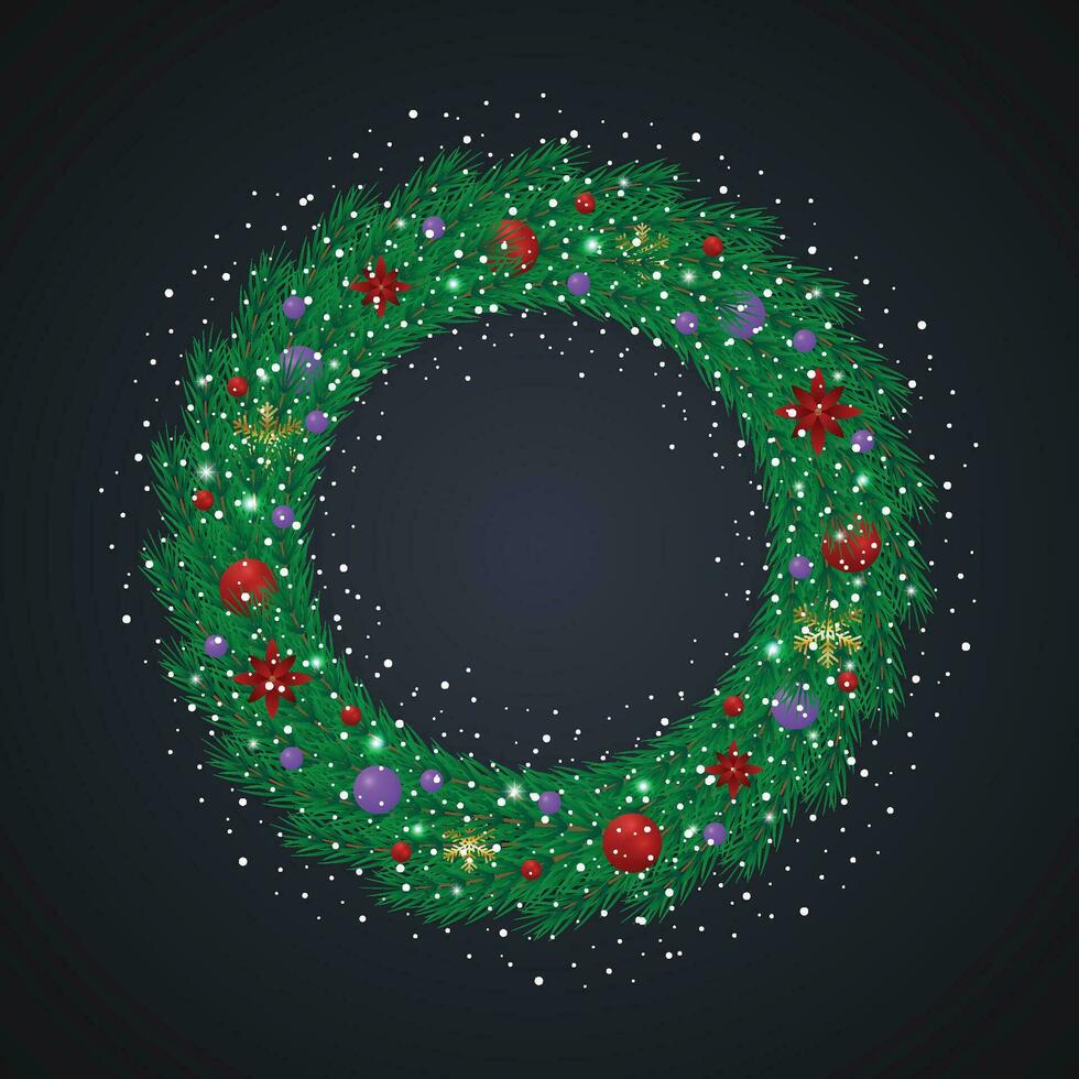 Realistic Christmas green wreath with blue and red balls with snowflakes and lights with red flowers. vector