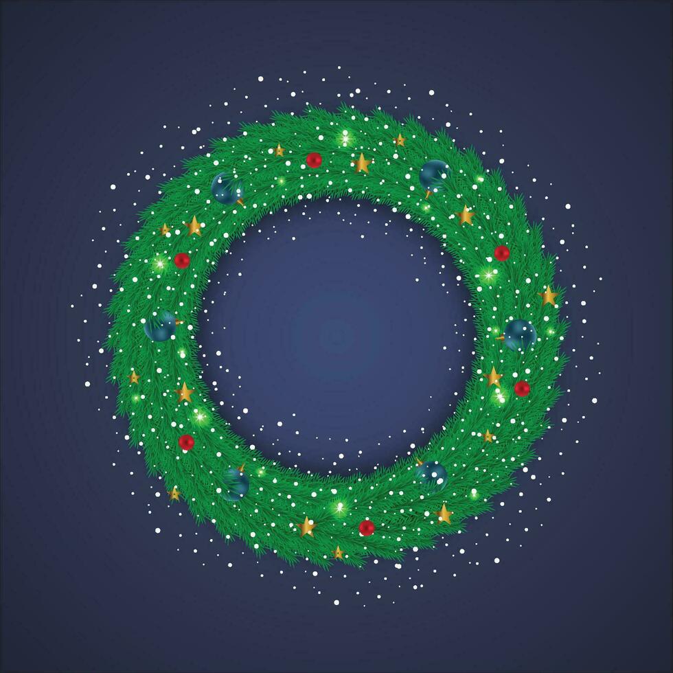 Christmas green wreath with blue and red balls with Snow and light with golden stars. vector