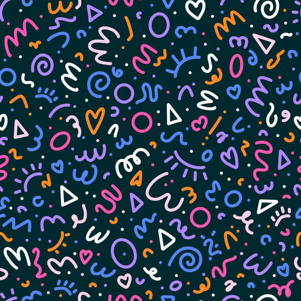 Colorful 90s seamless pattern. Squiggle kid background, doodle minimalistic wallpaper with basic forms and lines. Vector scribble backdrop