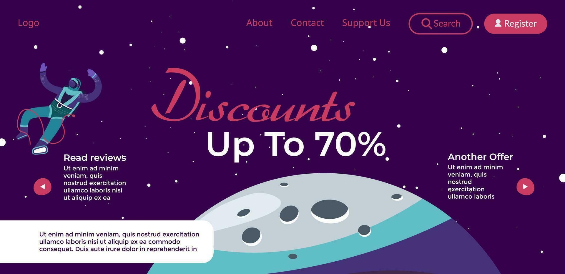 Discounts up to seventy percent, website page vector