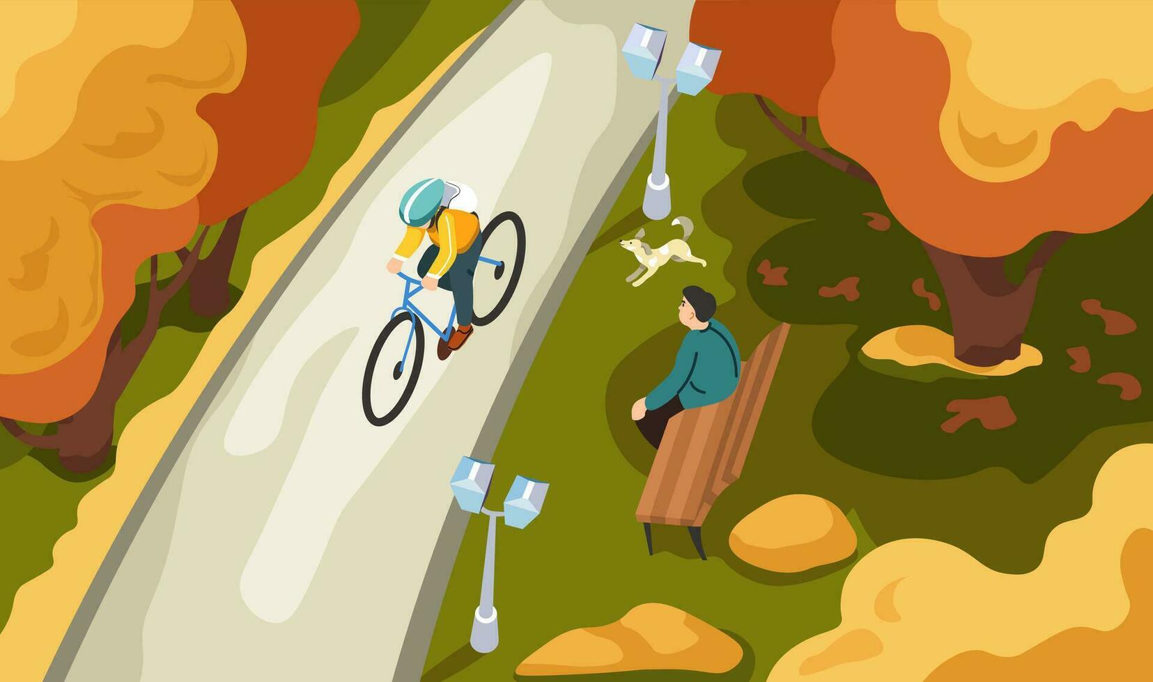 Personage riding bike in autumn park or forest vector