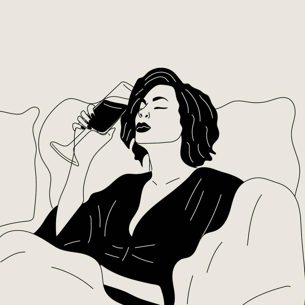 Black and white woman drinks a glass of Champagne in bed. Vector. Wine time vector