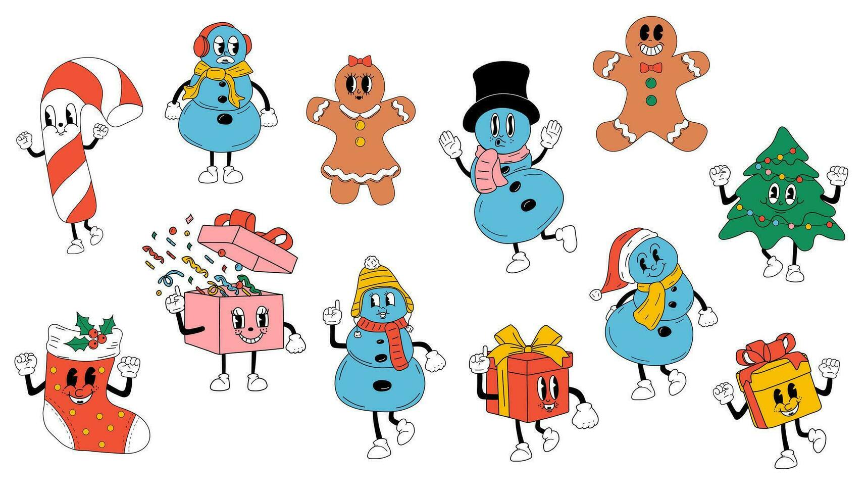 Cute Cartoons christmas mascot. Happy and cheerful emotions. Old animation 60s 70s, funny cartoon characters. Trendy illustration in retro style. vector