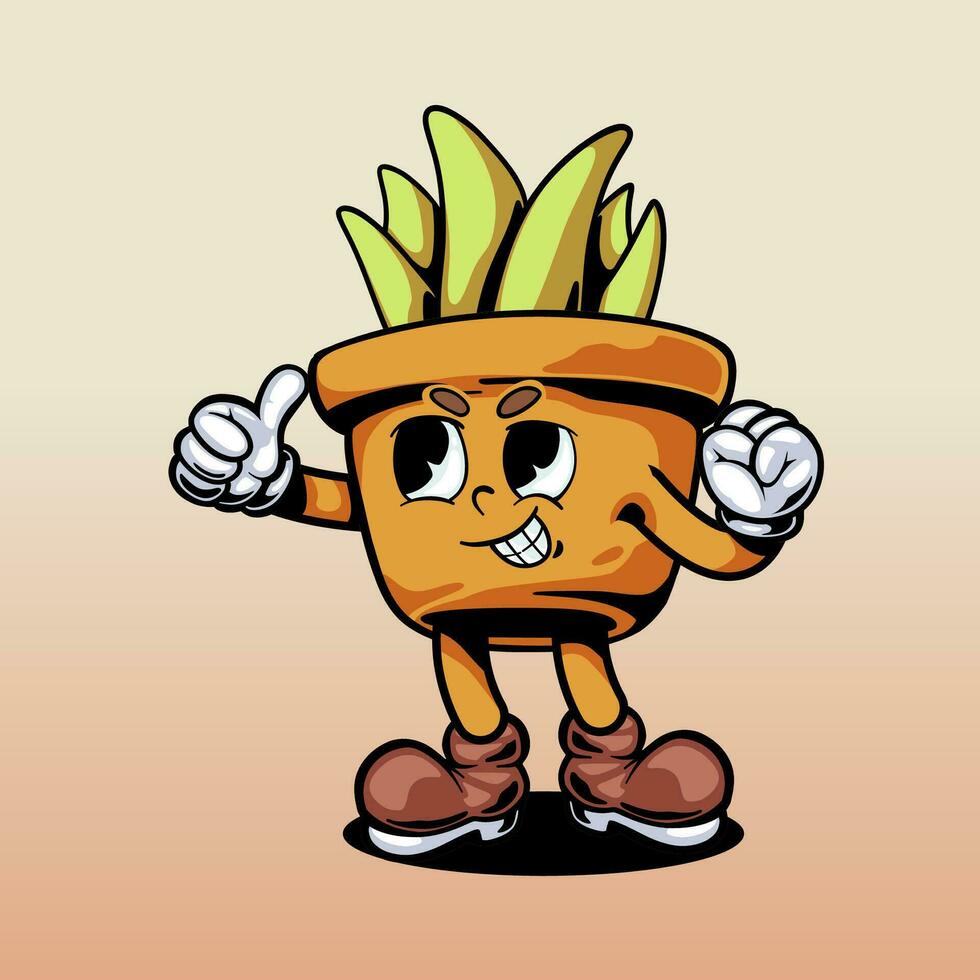 VINTAGE STYLE CARTOON CHARACTER PLANT POT ILLUSTRATION vector