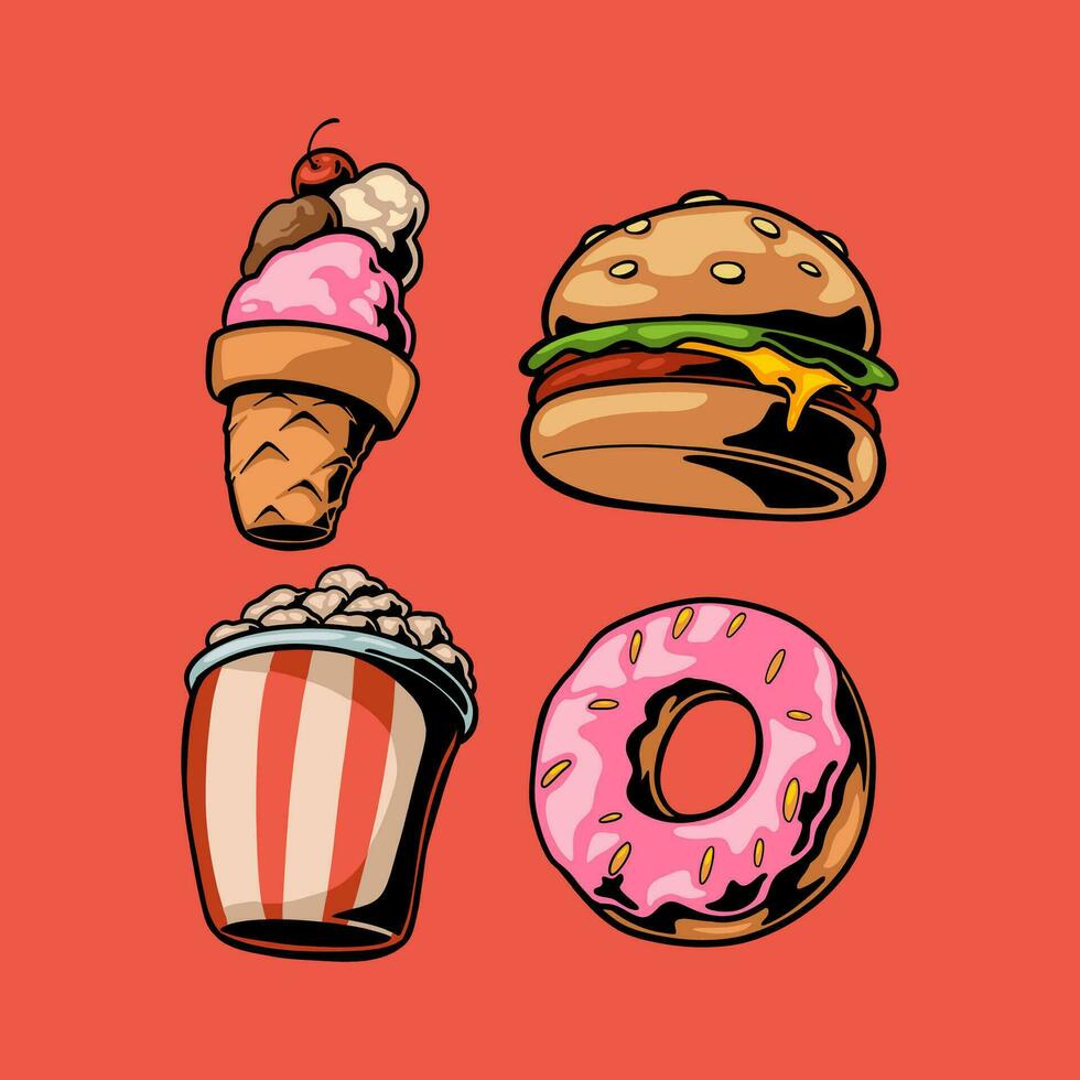 Junkfood retro cartoon style illustration, vintage character vector art collection
