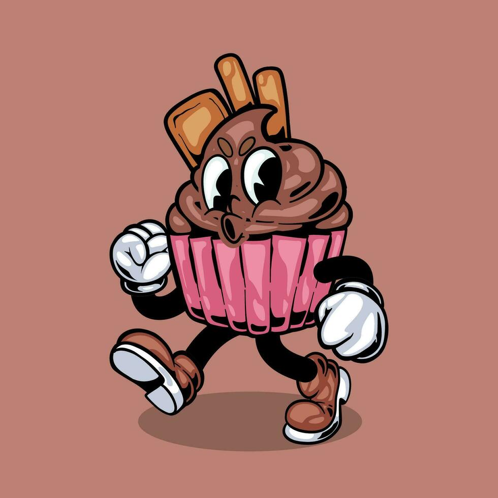 Retro dessert character. Cute cartoon mascot sweets, smile walking sweet food vector