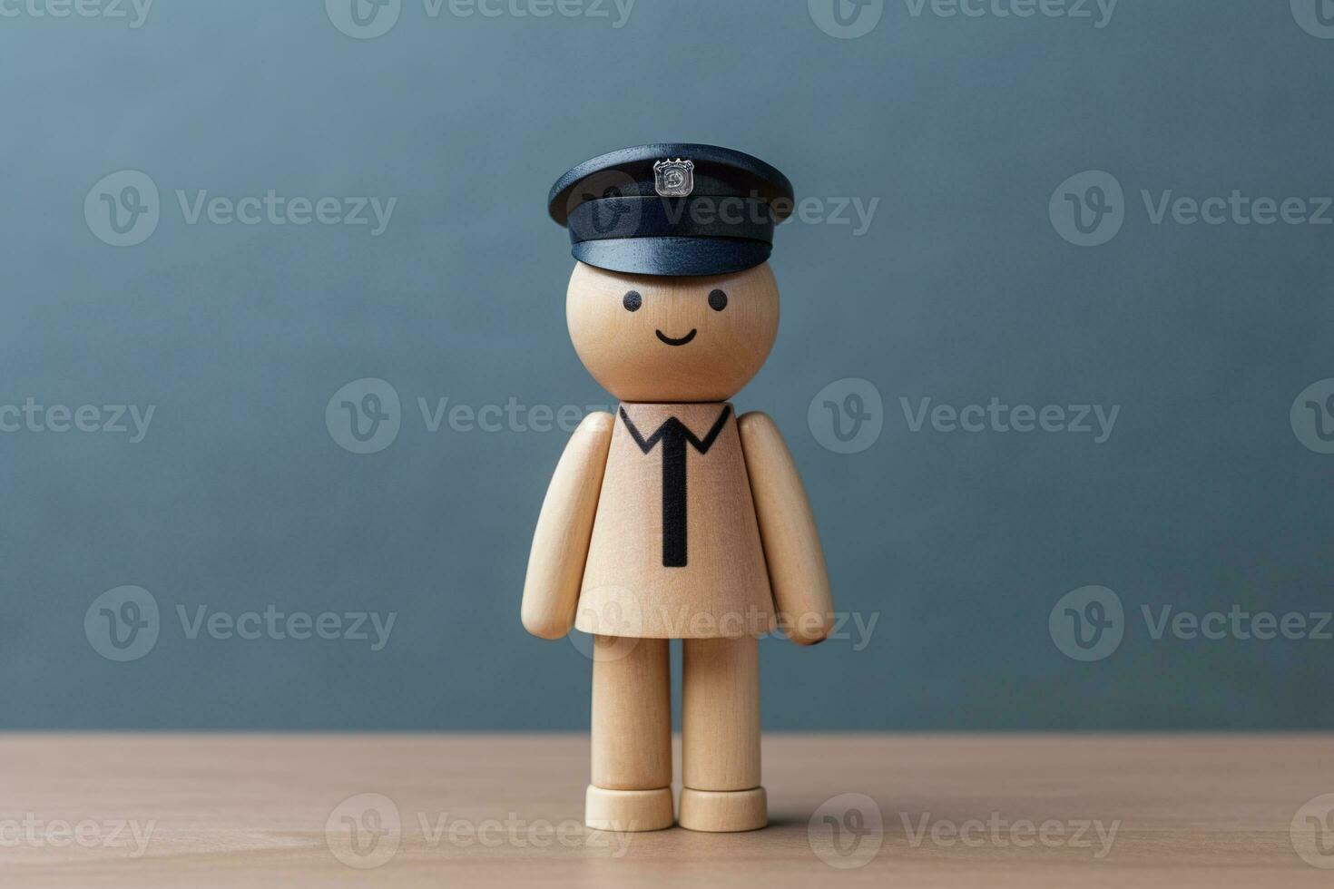Policewoman. A wooden woman in a policeman's suit and cap. Generative AI photo