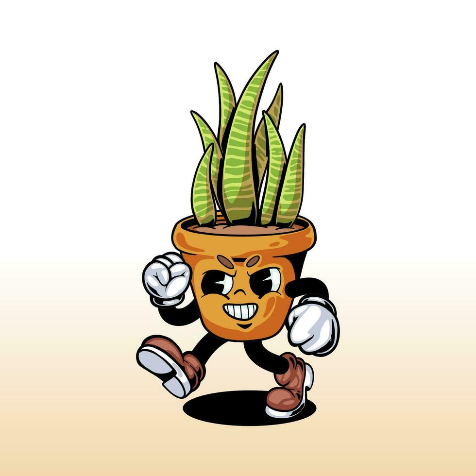 VINTAGE STYLE CARTOON CHARACTER PLANT POT ILLUSTRATION vector