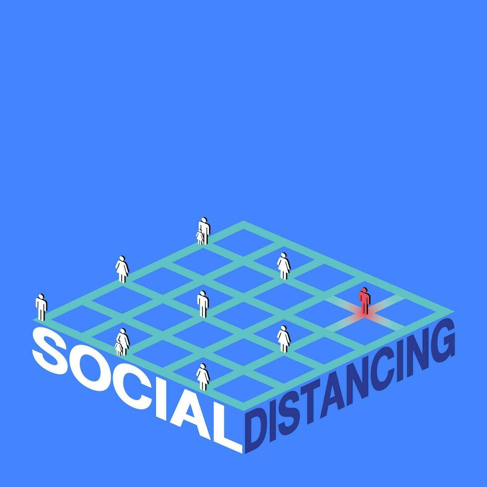 Social Distance Concept, Stick Human set on Green Grid. vector