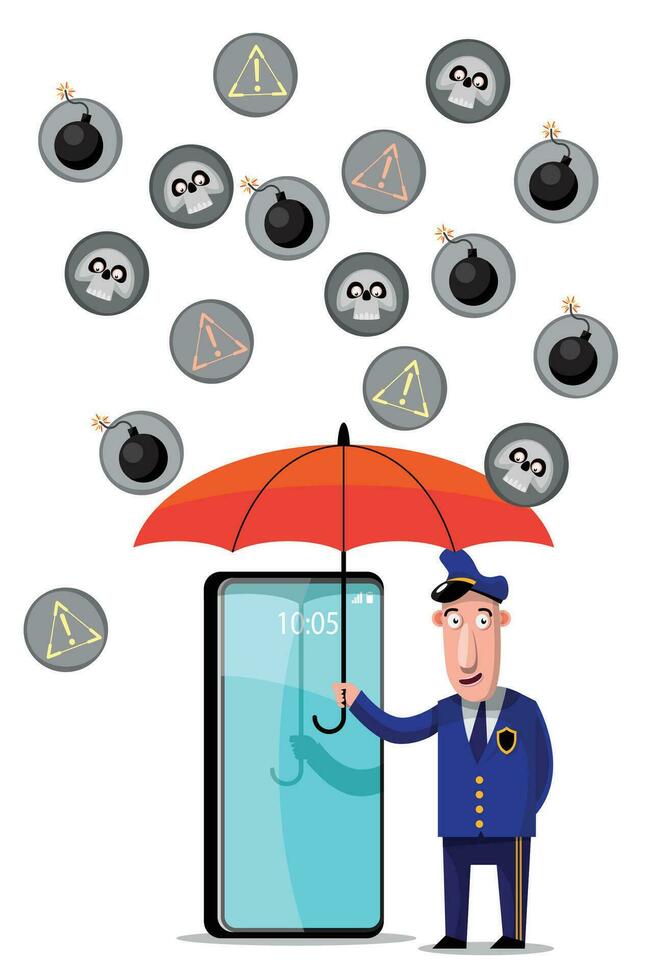 Security Guard Protect Mobile Phone by Umbrella. vector