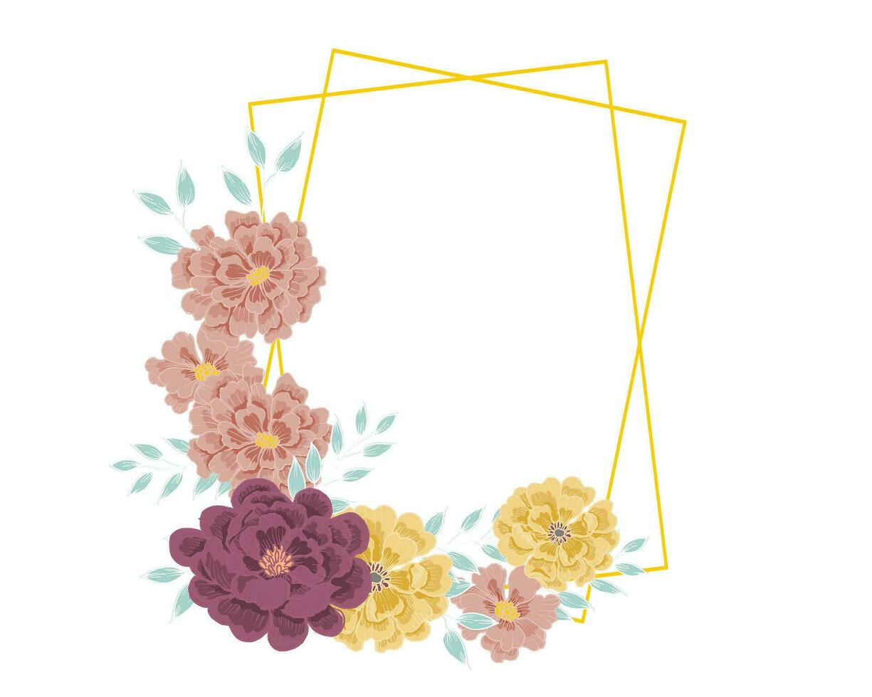 Hand Drawn Rose and Wild Flower Gold Frame vector