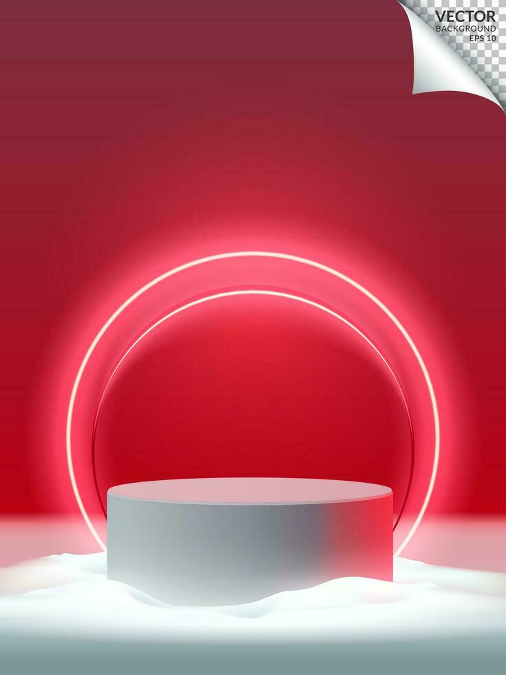 Red podium with neon two rings on snow, Red studio background, Merry christmas and a happy new year. Vertical layout .Vector illustration vector
