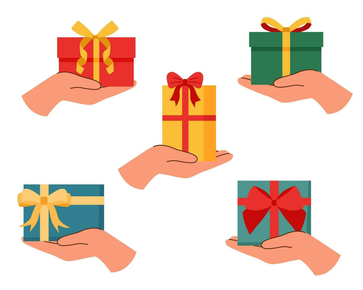 Gift boxes in the hands set vector