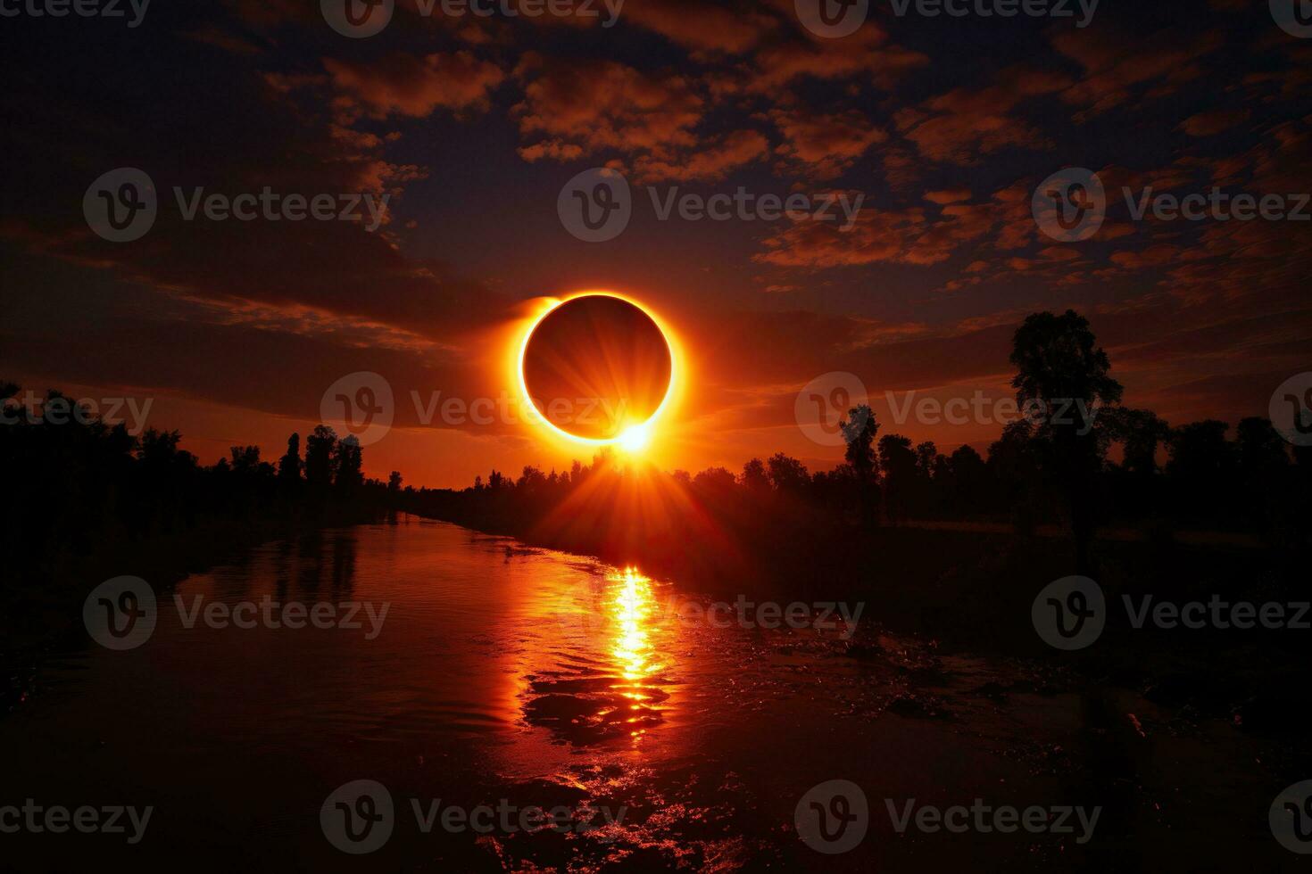 Natural phenomenon - total solar eclipse, river, trees in the dark. Generated by artificial intelligence photo