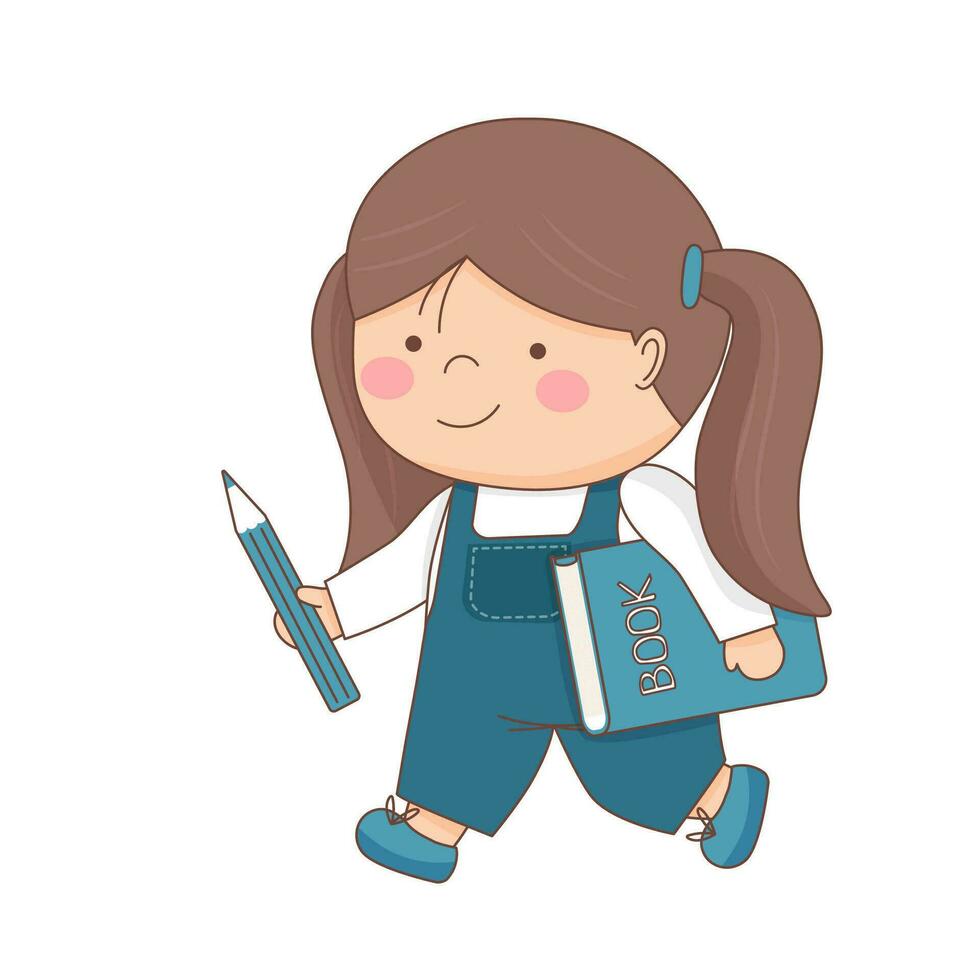 Chica de escuela con libro y lápiz vector