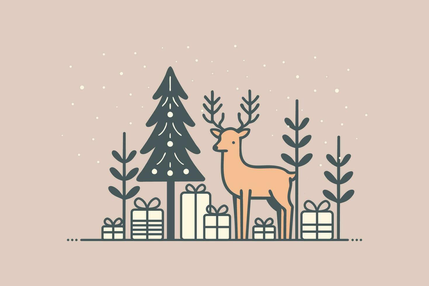 Christmas tree, Reindeer standing with gift boxes around,  Digital Illustration vector