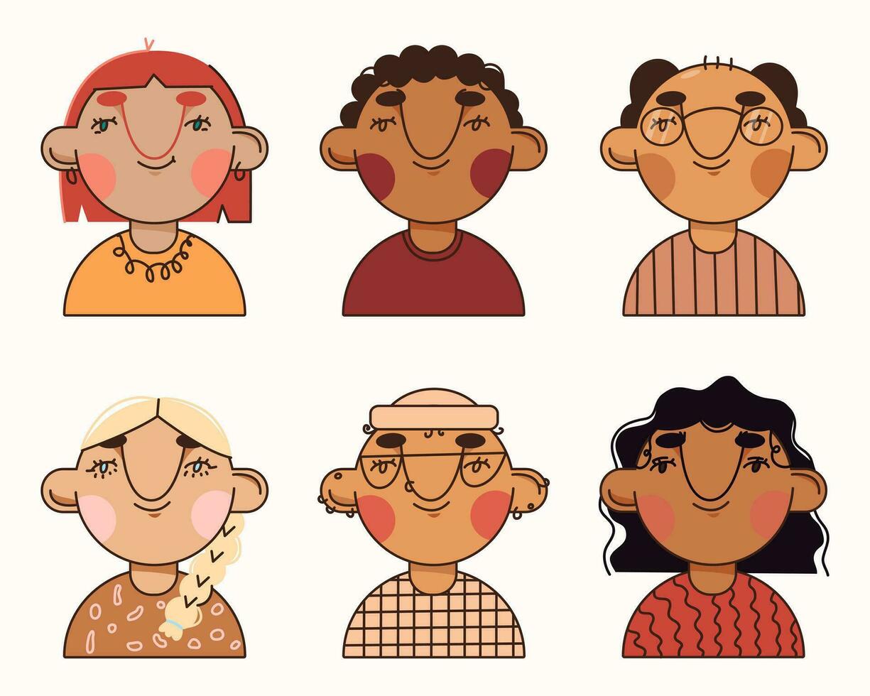 Group abstract people.faces of young people. Portraits of different young and happy men and women of different races. A set of user profiles. Workteam. Colorful flat vector illustration