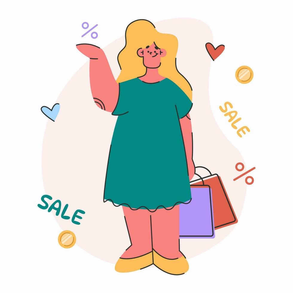 niña con compras bolsas. vector plano ilustración de contento mujer. concepto de descuento, negro viernes rebaja