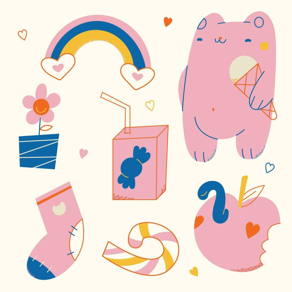 Cute bright stickers on a yellow background. Sweet kawaii bear,rainbow,juice,apple,flower,juice,sock.Vector Illustration.Kid graphic vector