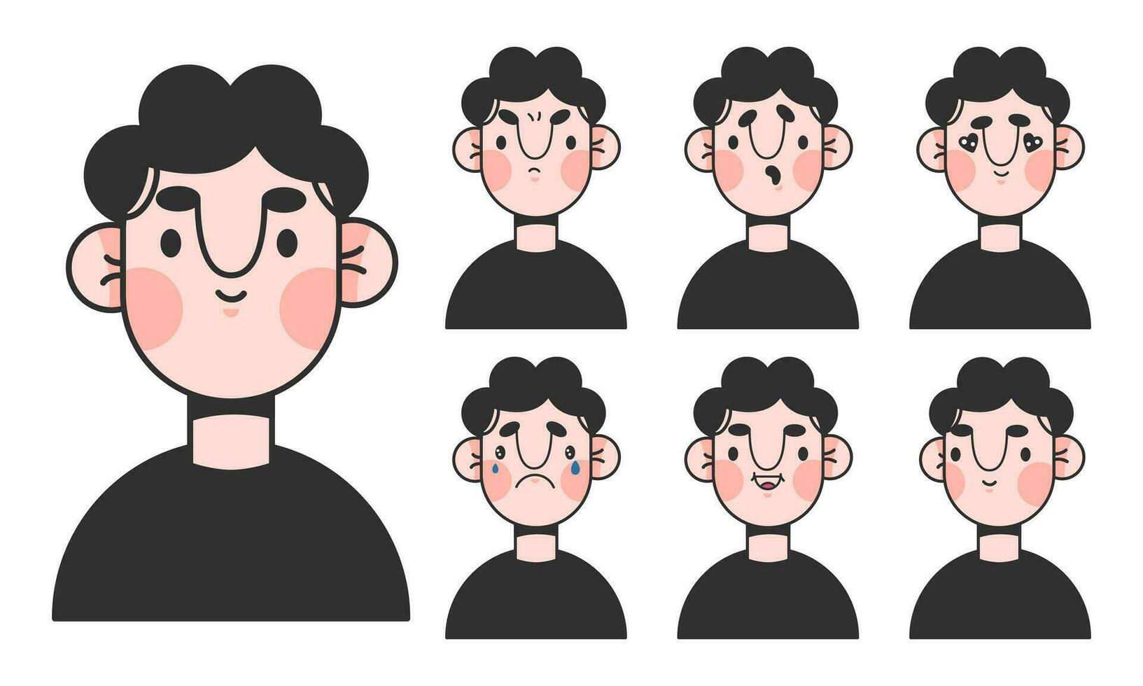 frio chico dibujos animados personaje para animación emociones joven hombre cara construcción. avatar con diferente expresiones dibujos animados masculino personaje con negro cabello, vector ilustración