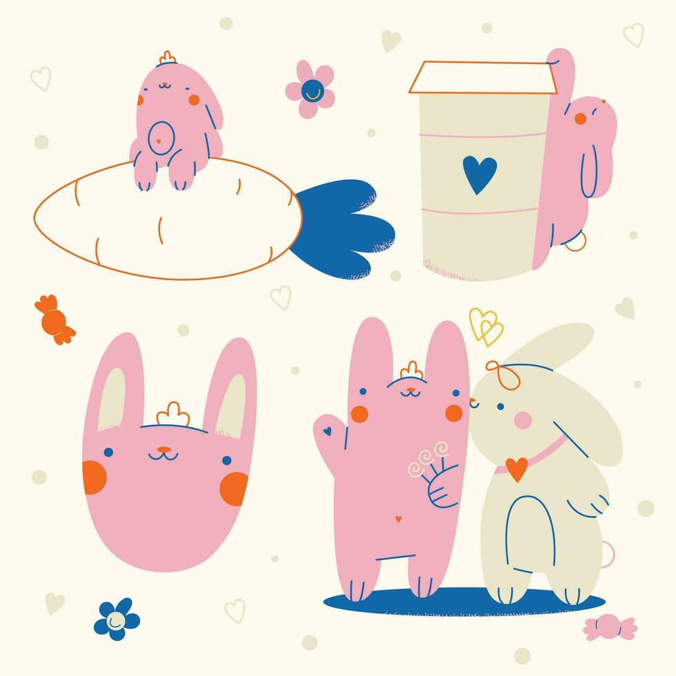 Cute kawaii pink rabbit pet stickers set on a beige background. Kid graphic.Vector Illustration. vector