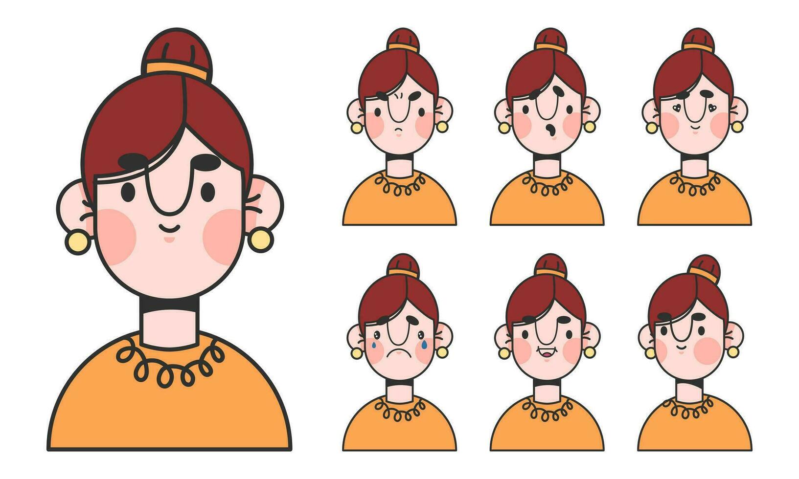 Cute woman cartoon character for animation emotions. Young woman face construction. Avatar with different expressions. Cartoon female personage, Vector illustration