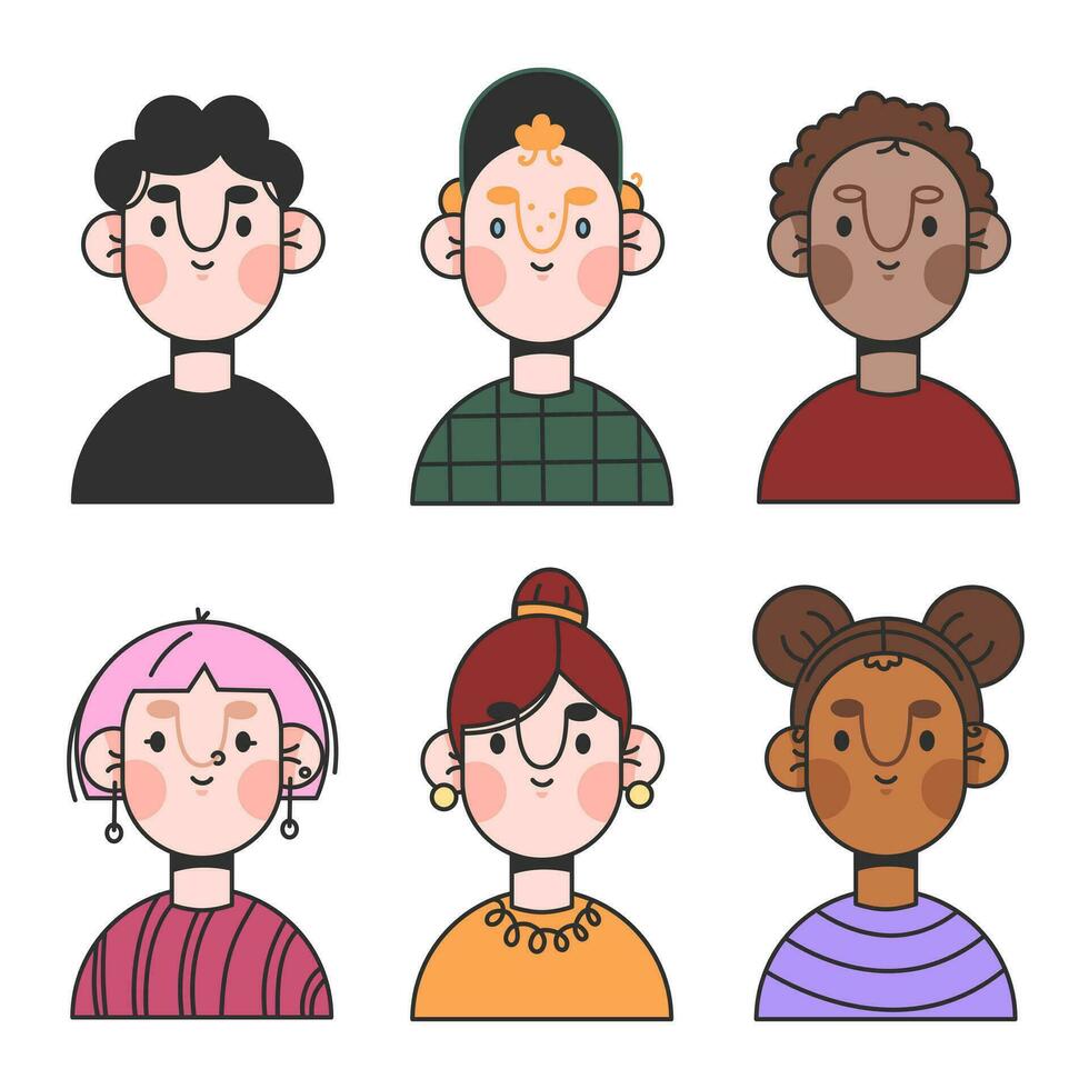 grupo resumen personas.caras de joven gente. retratos de diferente joven y contento hombres y mujer de diferente Razas. un conjunto de usuario perfiles. grupo de trabajo. vistoso plano vector ilustración