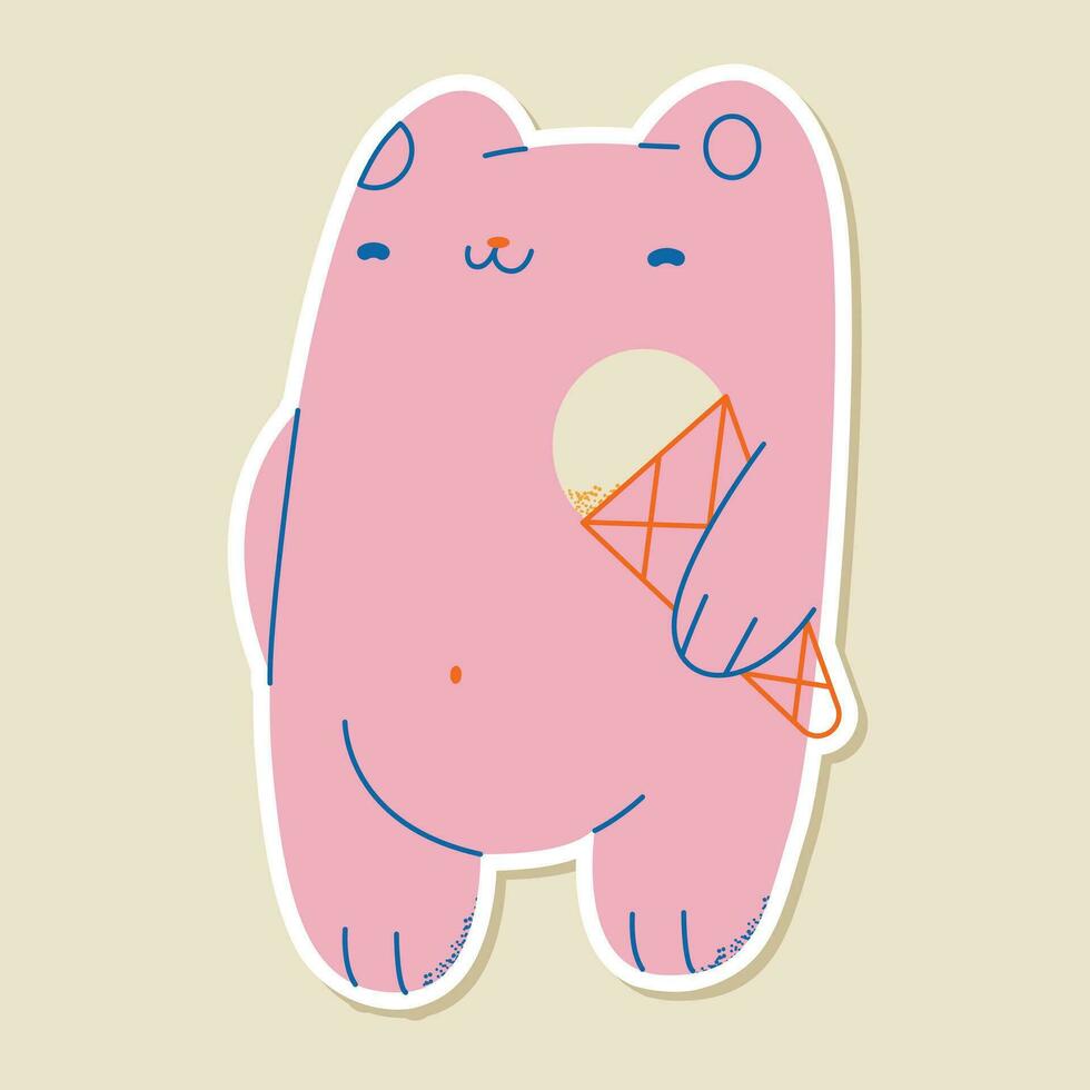 Cute kawaii pink bear sticker on a beige background. Kid graphic.Vector Illustration. vector