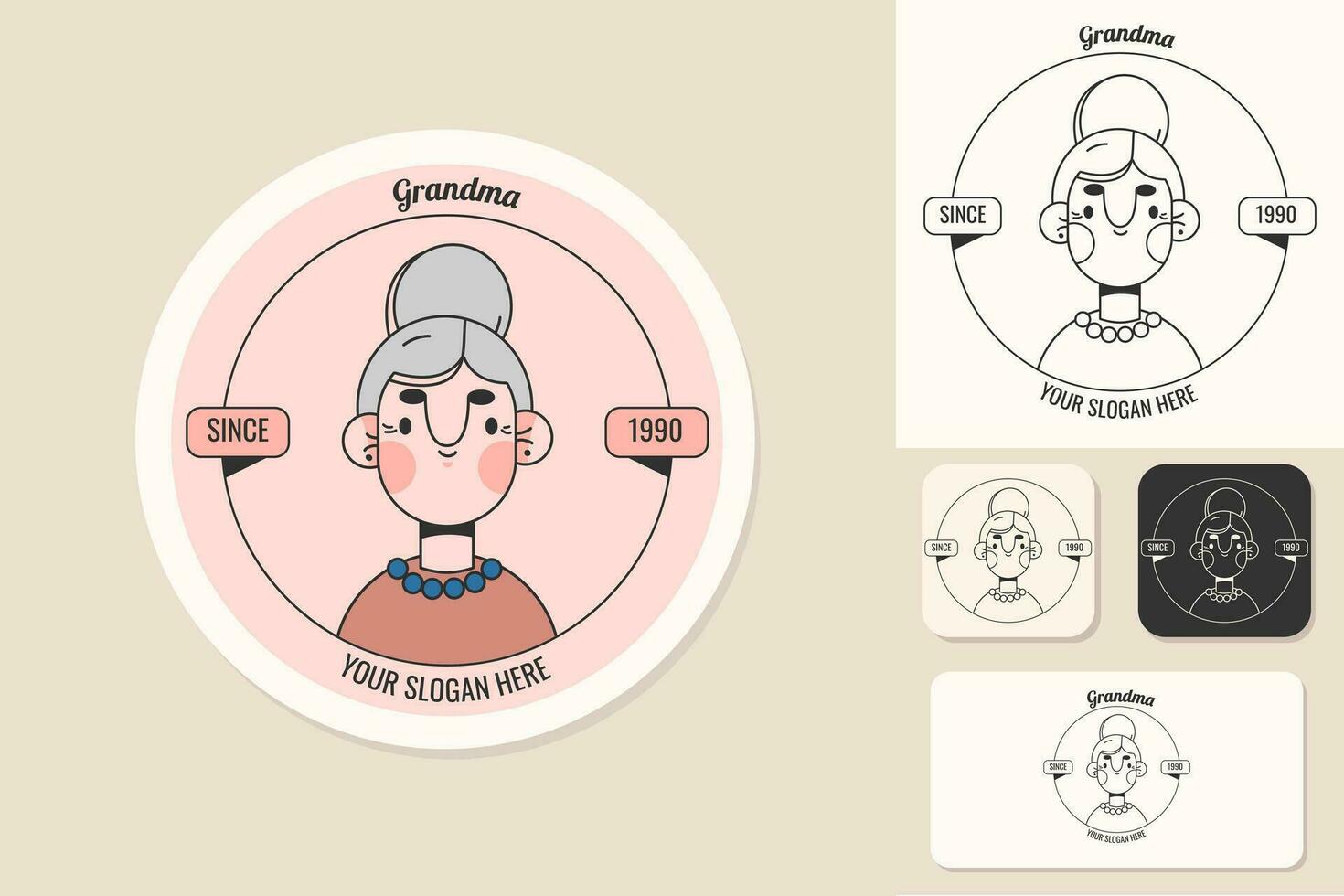 Set logos of a senior elderly woman isolated.Colored and black-white flat vector logos of a gray-haired person