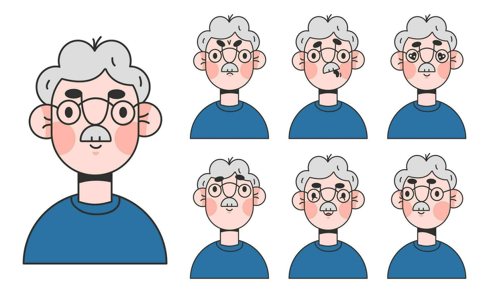 Cute elderly man cartoon character for animation emotions. Grey haired man face construction. Avatar with different expressions. Cartoon male personage, Vector illustration