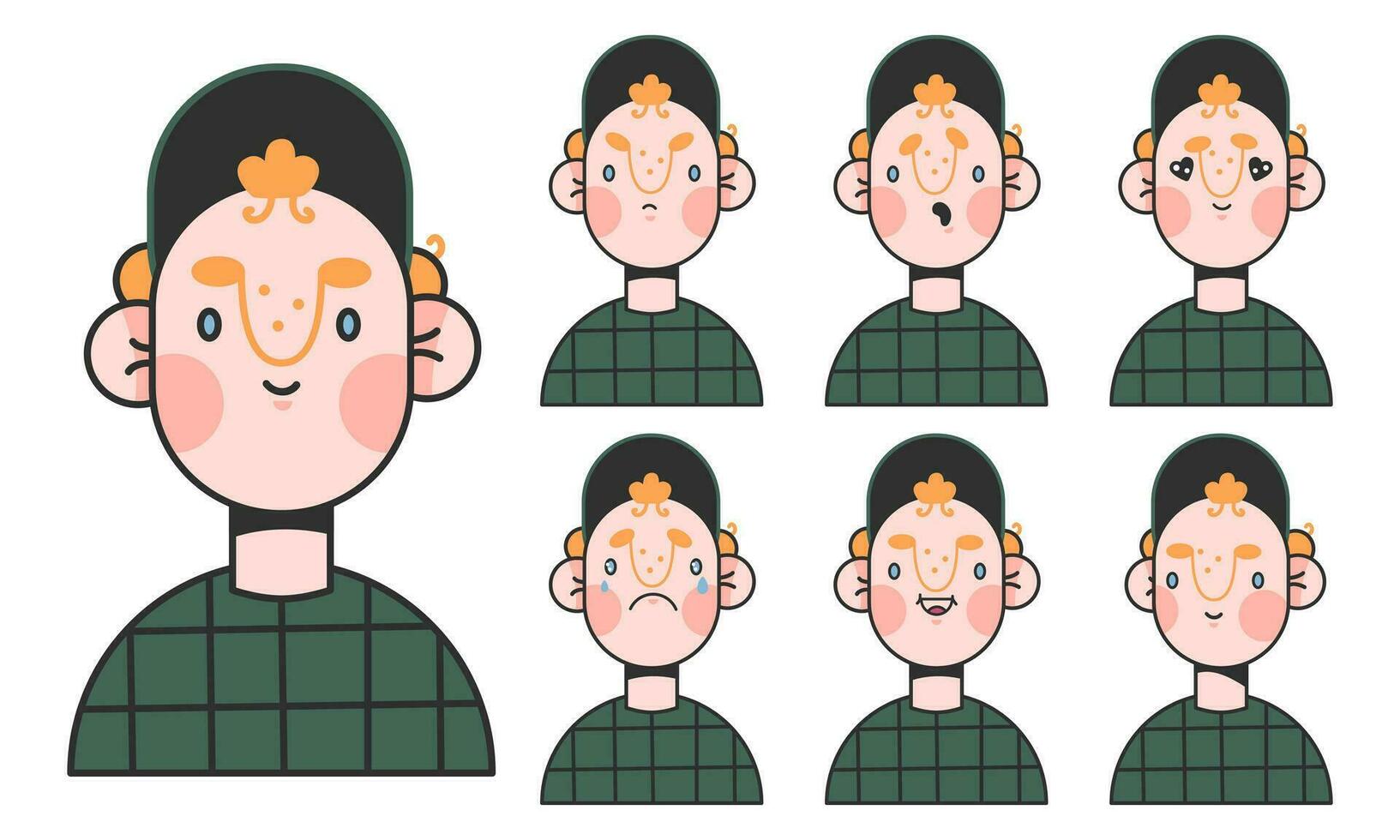 Cool boy cartoon character for animation emotions. Young man face construction. Avatar with different expressions. Cartoon male personage red-haired. Vector illustration