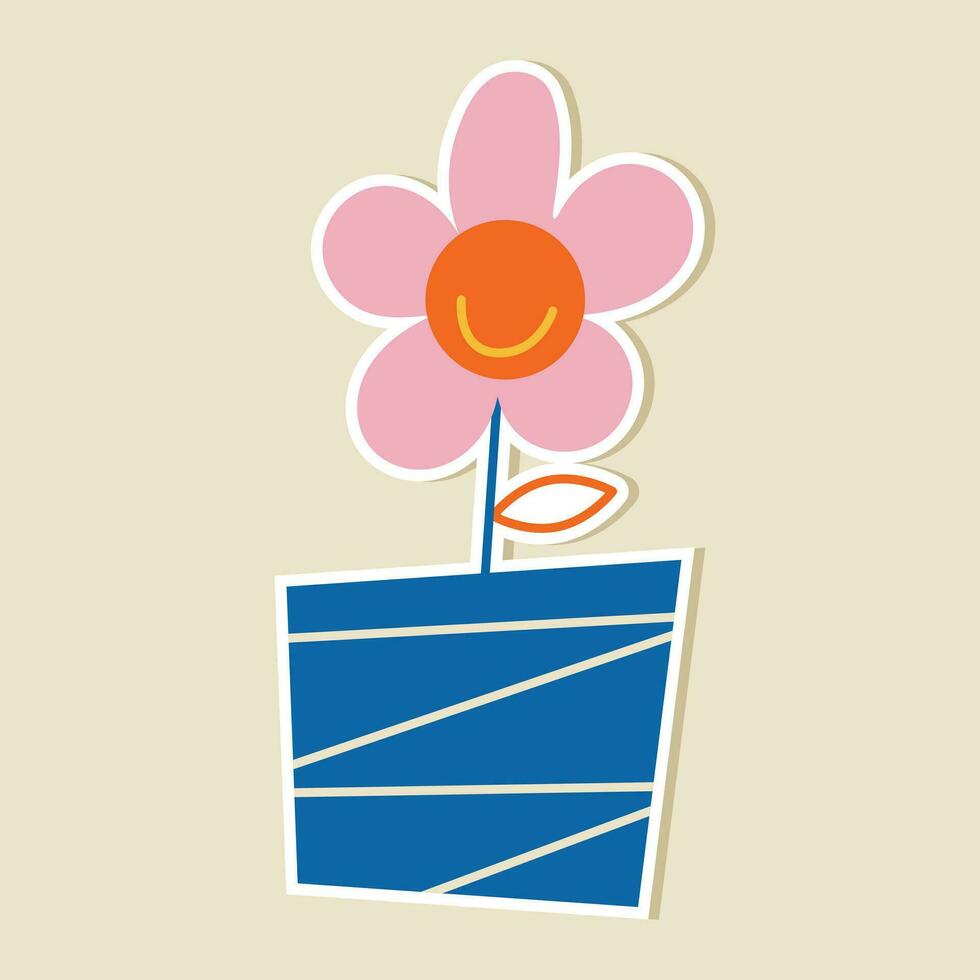 Cute kawaii pink flower pot sticker on a beige background. Kid graphic.Vector Illustration. vector