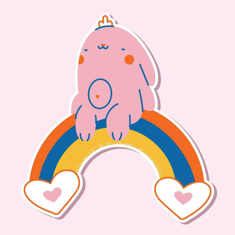 Cute kawaii pink rabbit pet sticker sitting on a rainbow.Kid graphic.Vector Illustration. vector