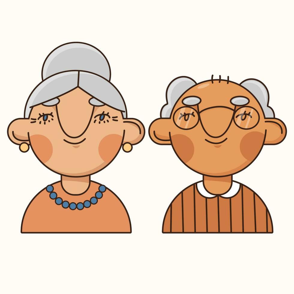 Portrait of a senior elderly couple isolated. An elderly man and woman together. Colored flat vector illustration of a gray-haired people