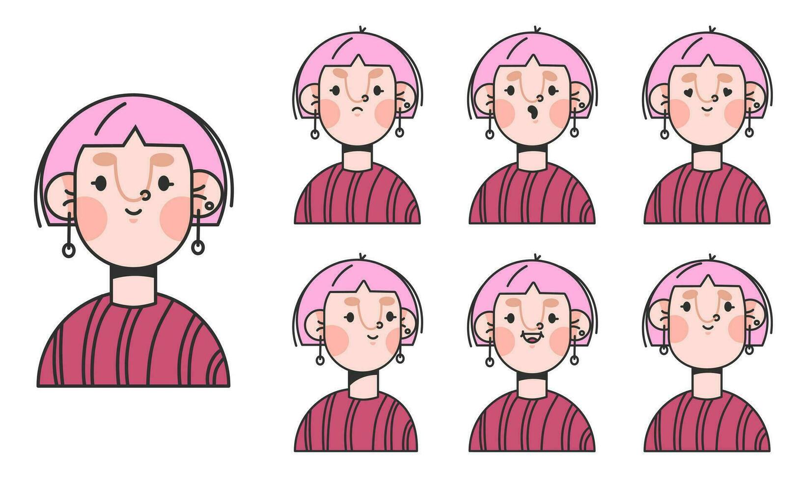 Cool girl cartoon character for animation emotions. Young girl face construction. Avatar with different expressions. Cartoon female personage with pink hair and piercing, Vector illustration