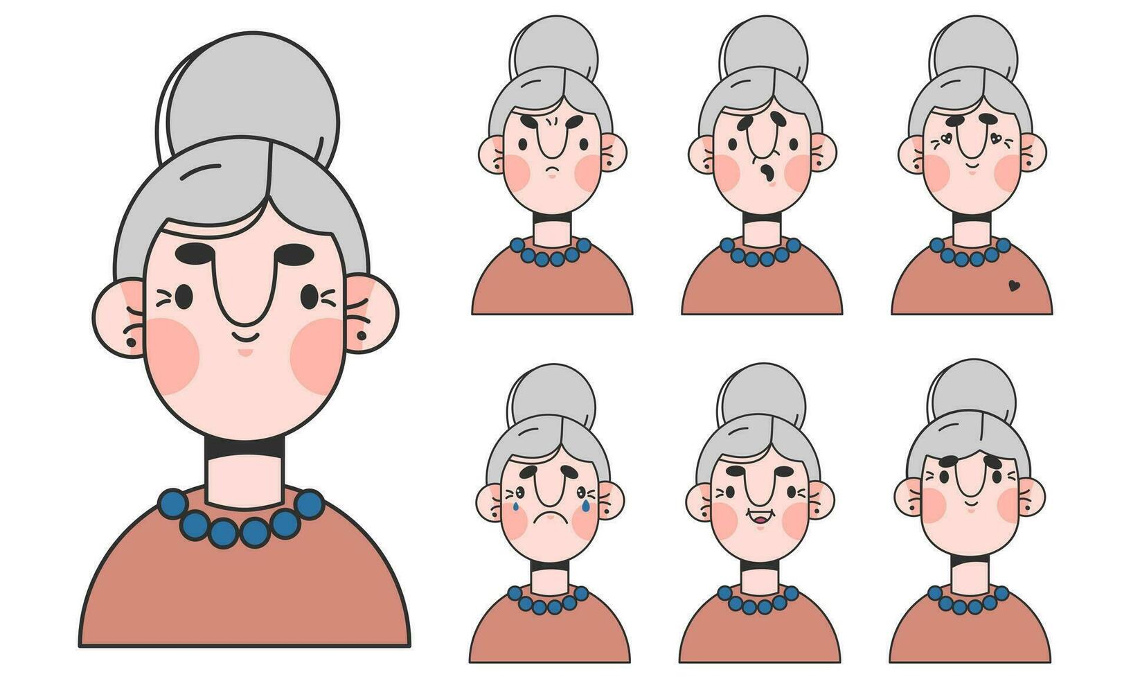 Cute elderly woman cartoon character for animation emotions. Grey haired woman face construction. Avatar with different expressions. Cartoon female personage, Vector illustration