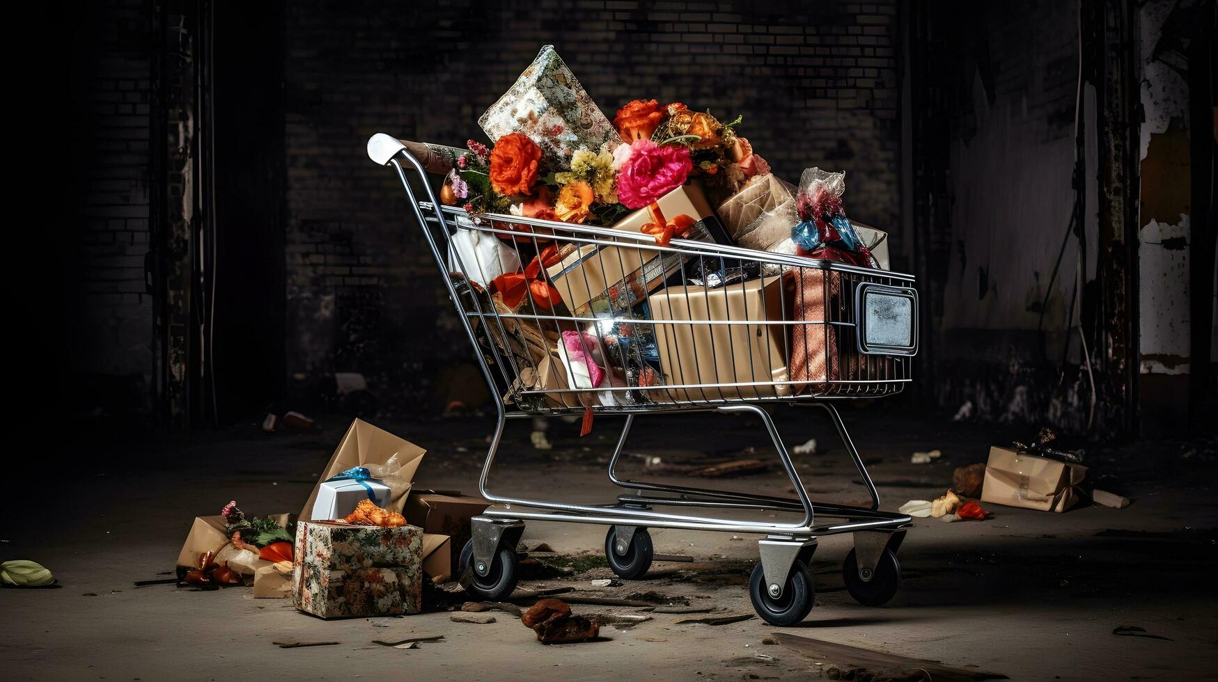 Abandoned Shopping Cart Filled with Colorful Flowers photo